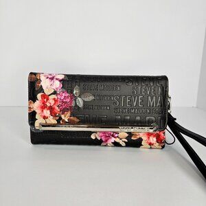 Steve Madden Trifold Black Floral Wallet Silver Logo Bar w Wristlet NEW